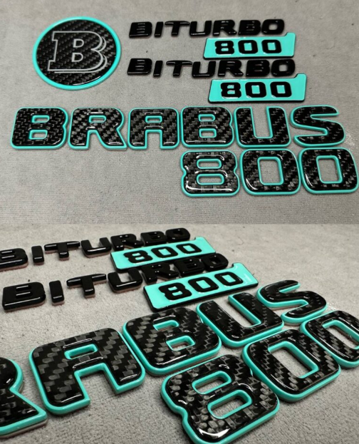 Zestaw emblematów Brabus biturbo 800 w kolorze Tiffany i karbonu