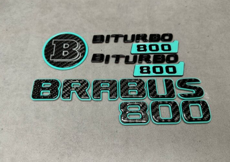 Zestaw emblematów Brabus biturbo 800 w kolorze Tiffany i karbonu