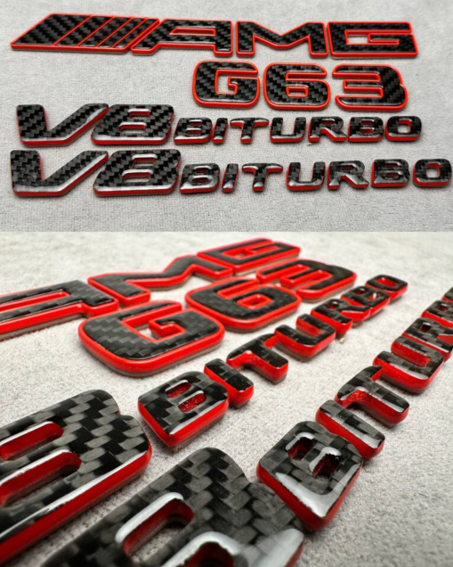 Zestaw emblematów Mercedes-Benz W463A W464 2018-2024 G-klasa styl AMG G63 V8 biturbo red
